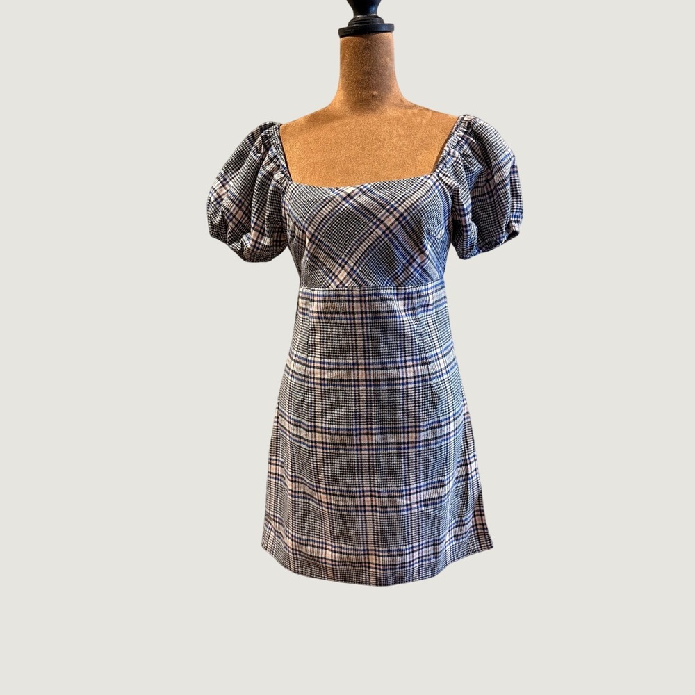 Altar'd State Mini Dress Women S Gray‎ Pink Plaid Puff Sleeve Twee Academia